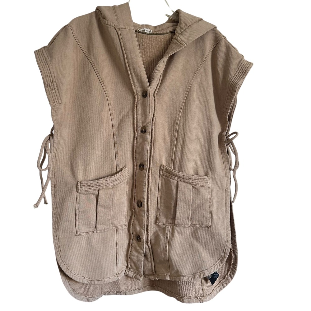 PILCRO Anthropologie Tan Hooded Sleeveless Button Up Poncho Top XXS XS Side Ties